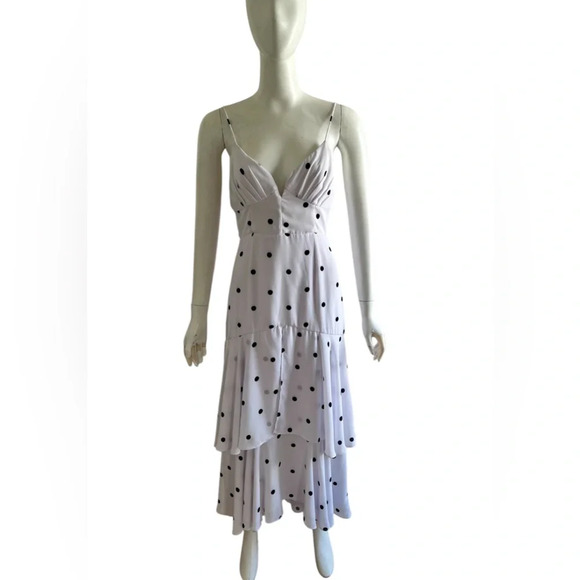 Fame and Partners white polka dot midi dress Georgette 6 US wedding cocktail - Picture 2 of 9